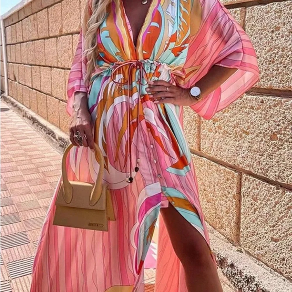 #208 LAST 1! Multicolor Button Pattern Vacation Flowy Bohemian Resort Maxi Dress - Picture 2 of 4
